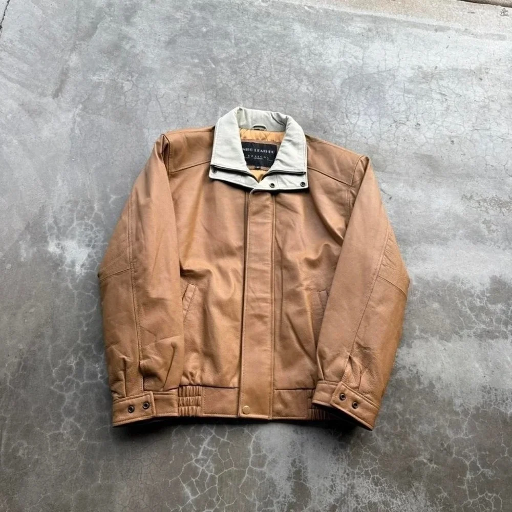 Vintage 90's brown and white leather boxy fit zip up jacket